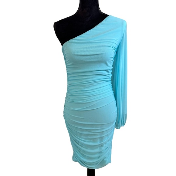 ANRABESS Asymmetrical Blue One-Shoulder Ruched Bodycon Mini Dress - Picture 3 of 12